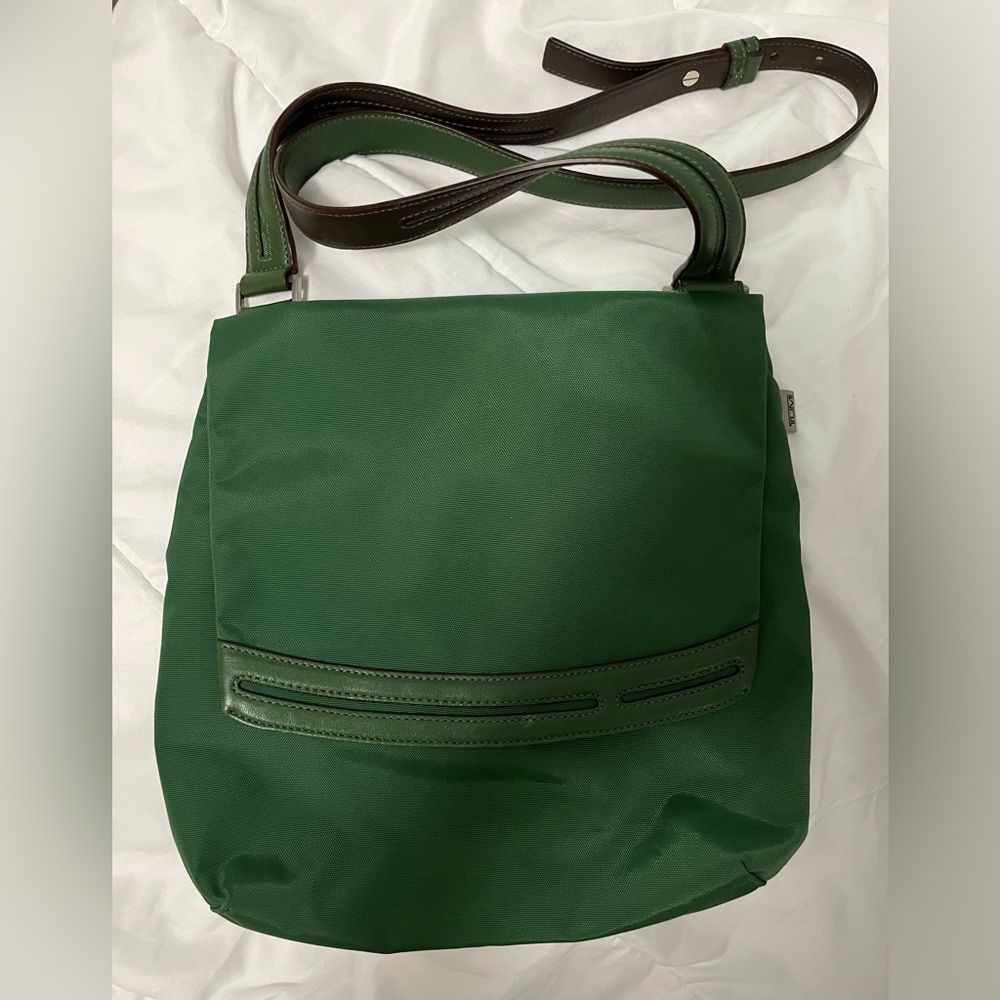 Tumi Beautiful Green Crossbody Bag with Leather Trim and Strap